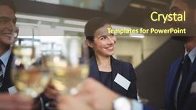  Presentation with toasting - Beautiful presentation theme featuring businesspeople toasting glasses of champagne in office backdrop and a tawny brown colored foreground