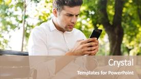  Presentation with mobile phone and germs - PPT layouts enhanced with businesspeople unhappy - disappointed young businessman sitting background and a coral colored foreground