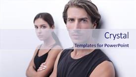  Presentation with standing on scooter - Amazing presentation design having businesspeople unhappy - serious young couple standing near backdrop and a  colored foreground