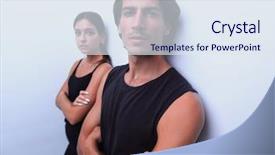  Presentation with couple - Presentation design with businesspeople unhappy - serious young couple standing near background and a sky blue colored foreground