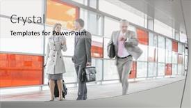  Presentation with railroad - Theme with businesspeople walking while male colleague rushing in railroad station background and a light gray colored foreground