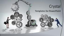  Presentation with robotic arm - Presentation theme consisting of businesspeople with cogwheel and robotic background and a light gray colored foreground