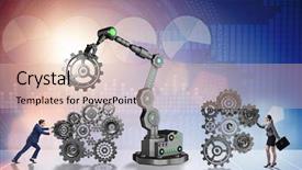  Presentation with robot arm - Colorful presentation theme enhanced with businesspeople with cogwheel and robotic backdrop and a lemonade colored foreground