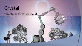  Presentation with robotic arm - PPT theme having businesspeople with cogwheel and robotic background and a mint green colored foreground
