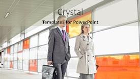  Presentation with railroad - Colorful presentation enhanced with businesspeople with luggage walking in railroad station backdrop and a mint green colored foreground
