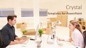  Presentation with new office - PPT theme featuring businesspeople working at desks in new office background and a lemonade colored foreground