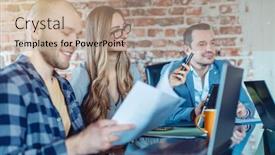  Presentation with company - Theme enhanced with businesspeople-working-in-startup-company background and a coral colored foreground