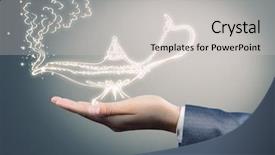 Presentation with trophy award hand holding - PPT theme consisting of close up of businessperson hand holding lamp in hand background and a light gray colored foreground