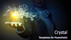 Presentation with palm - Theme with businessperson holding gears and cogwheels background and a wine colored foreground