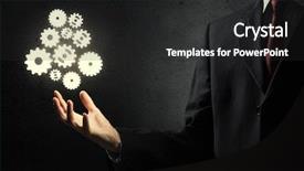  Presentation with palm - PPT layouts with businessperson holding gears and cogwheels background and a dark gray colored foreground