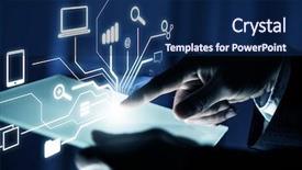  Presentation with cloud computing - Theme enhanced with network computer - close up of businessperson touching background and a navy blue colored foreground