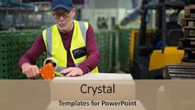  Presentation with automobile factory - PPT theme with businessproduction - factory worker sealing cardboard boxes background and a coral colored foreground