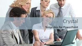  Presentation with laptop - Colorful slide set enhanced with businessteam-around-a-laptop backdrop and a light blue colored foreground