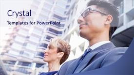  Presentation with members - Colorful slide deck enhanced with businessteam members standing next to each other in business district backdrop and a sky blue colored foreground