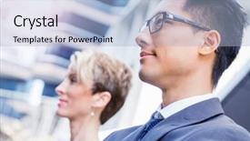  Presentation with members - Slide set consisting of businessteam members standing next to each other in business district background and a light blue colored foreground