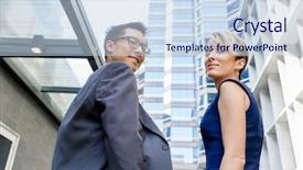  Presentation with members - Cool new slide deck with businessteam members standing next to each other in business district backdrop and a sky blue colored foreground