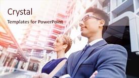  Presentation with members - Audience pleasing theme consisting of businessteam members standing next to each other in business district backdrop and a lemonade colored foreground