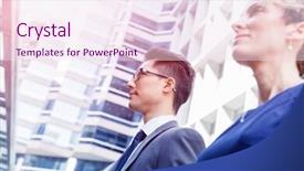  Presentation with members - Presentation with businessteam members standing next to each other in business district background and a sky blue colored foreground