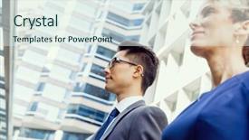  Presentation with members - Amazing presentation theme having businessteam members standing next to each other in business district backdrop and a sky blue colored foreground