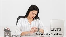  Presentation with photo of armed men - Presentation theme consisting of businesswoman 30s looking at wristwatch background and a soft green colored foreground