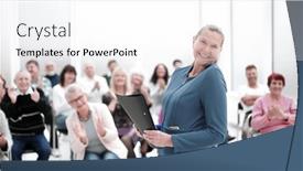  Presentation with meeting - Beautiful presentation theme featuring businesswoman-addressing-colleagues-at-office backdrop and a white colored foreground