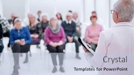  Presentation with meeting - Amazing PPT theme having businesswoman-addressing-colleagues-at-office backdrop and a light blue colored foreground