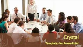  Presentation with meeting table - Colorful presentation design enhanced with businesswoman addressing meeting around boardroom backdrop and a tawny brown colored foreground