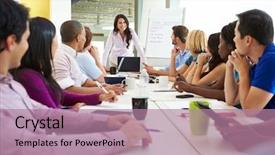  Presentation with meeting table - Presentation design featuring businesswoman addressing meeting around boardroom background and a coral colored foreground