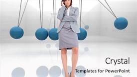  Presentation with newton cradle - PPT theme consisting of businesswoman against blue newtons cradle background and a white colored foreground