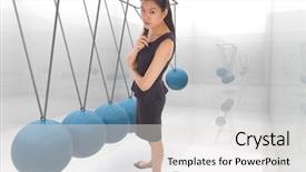  Presentation with white pigeon against the blue - Slide deck having businesswoman against blue newtons cradle background and a light gray colored foreground