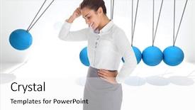  Presentation with blue - Amazing slide deck having businesswoman against blue newtons cradle backdrop and a  colored foreground