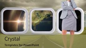  Presentation with highway - Presentation design consisting of businesswoman against highway under cloud background and a  colored foreground