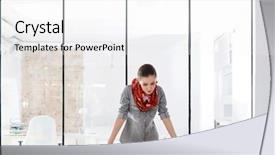  Presentation with desk - Colorful theme enhanced with businesswoman analyzing photographs while lean backdrop and a white colored foreground