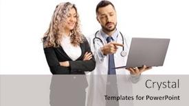  Presentation with laptop - Amazing slide set having businesswoman-and-a-doctor-pointing backdrop and a light gray colored foreground