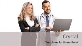  Presentation with laptop - Audience pleasing slide set consisting of businesswoman-and-a-male-doctor backdrop and a light gray colored foreground