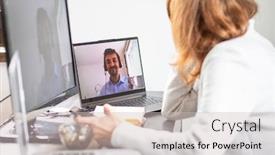  Presentation with online meeting - PPT theme featuring businesswoman-and-business background and a soft green colored foreground