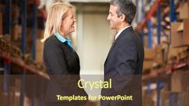  Presentation with distribution - Cool new PPT theme with businesswoman and businessman in distribution warehouse backdrop and a tawny brown colored foreground