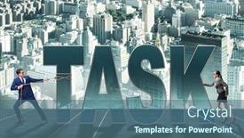  Presentation with task - Amazing presentation theme having businesswoman-and-businessman-in-task backdrop and a ocean colored foreground
