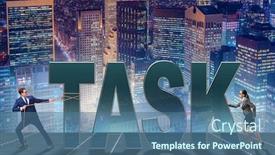  Presentation with task - Cool new presentation theme with businesswoman-and-businessman-in-task backdrop and a ocean colored foreground