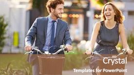  Presentation with bike - Cool new PPT theme with businesswoman and businessman riding bike backdrop and a coral colored foreground