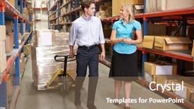  Presentation with distribution - Colorful slide set enhanced with businesswoman and colleague in distribution backdrop and a coral colored foreground
