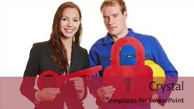  Presentation with lock key - Colorful slides enhanced with businesswoman and construction worker holding key and lock as symbol for security backdrop and a red colored foreground