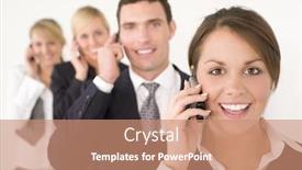  Presentation with cell phones - PPT theme featuring businesswoman and three colleagues out of focus behind her all talking on cell phones background and a coral colored foreground