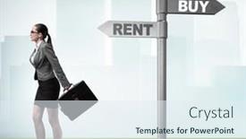  Presentation with crossroads - PPT theme having businesswoman-at-crossroads-betweem-buying and a sky blue colored foreground