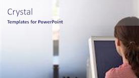  Presentation with desk - Beautiful PPT theme featuring businesswoman-at-desk-back-view backdrop and a sky blue colored foreground