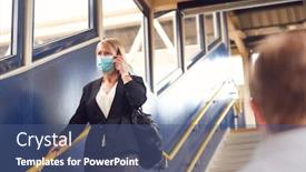  Presentation with mobile health - Beautiful PPT theme featuring businesswoman-at-railway-station-talks backdrop and a ocean colored foreground