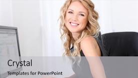  Presentation with work - Slide deck featuring businesswoman at work in ofice background and a light gray colored foreground