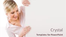  Presentation with advertising - PPT theme enhanced with businesswoman behind blank advertising banner looking down background and a sky blue colored foreground