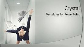  Presentation with book curved into heart - Slide deck having businesswoman bent over and evading background and a light gray colored foreground