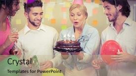  Presentation with of happy birthday candles - Colorful presentation theme enhanced with businesswoman blowing birthday candles while backdrop and a mint green colored foreground